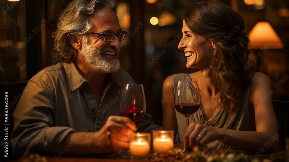 Generative AI image of 50 year old couple toasting with wine at an Italian restaurant 