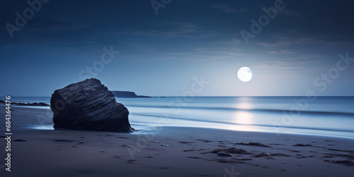 The peacefulness of a beach captured in a long exposure, with a rock standing under the soft light of a moonlit night photo