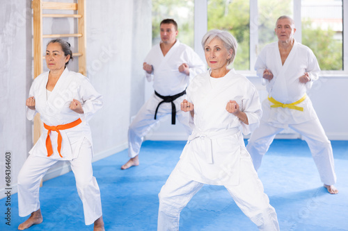 In gym, karate class senior students independently perform basic movements and repeat to hold pose, learning technique of kata. Oriental martial arts, training and obtaining black belt