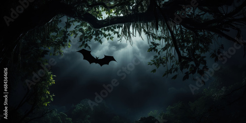 A lone bat hangs upside down from a branch in the dim light of a crescent moon photo
