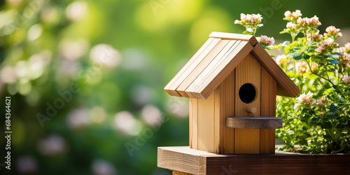 Tiny bird perches in a wooden birdhouse, nestled among the vibrant green leaves of a garden © Malika