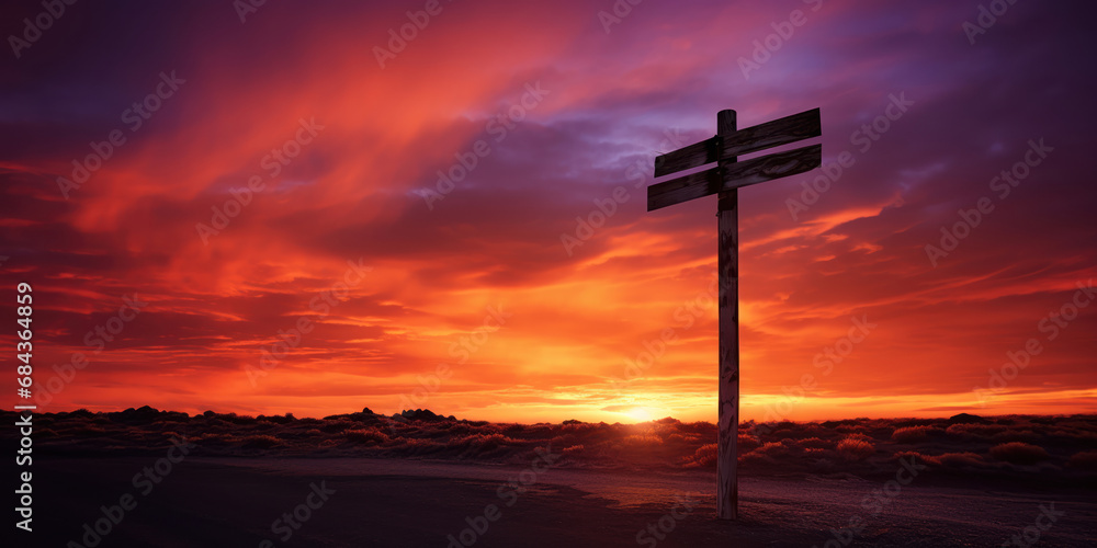 The stark silhouette of a signpost on a deserted road under the dramatic hues of a sunset sky