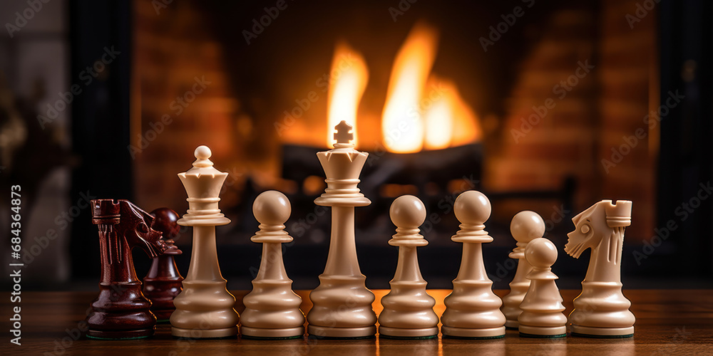 Chess pieces strategically placed on a board, with the warm glow of a fireplace in the background Chess pieces strategically placed on a board, with the warm glow of a fireplace in the background