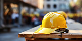 bright yellow helmet on a wooden bench, with the busy activity of a construction site behind