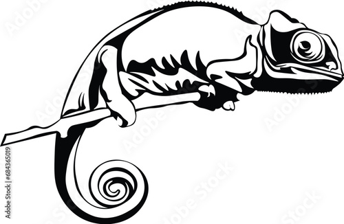Cartoon Black and White Isolated Illustration Vector Of A Chameleon on a Branch