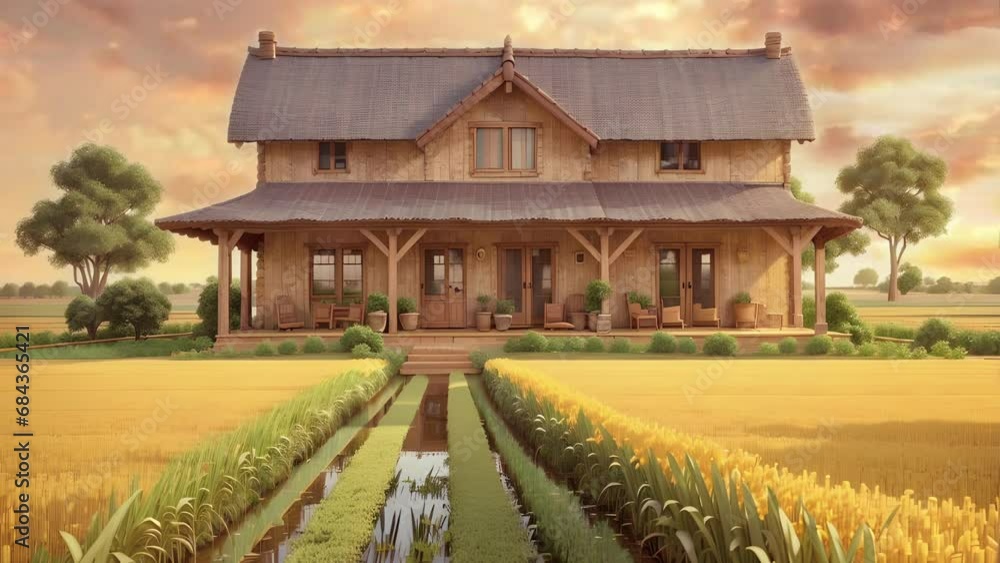 Imagine a charming farmhouse, its walls crafted from woven wood panels and its roof tiled with precision, standing tall amidst endless fields of golden rice. Imagine a charming farmhouse, its walls crafted from woven wood panels and its roof tiled with precision, standing tall amidst endless fields of golden rice.