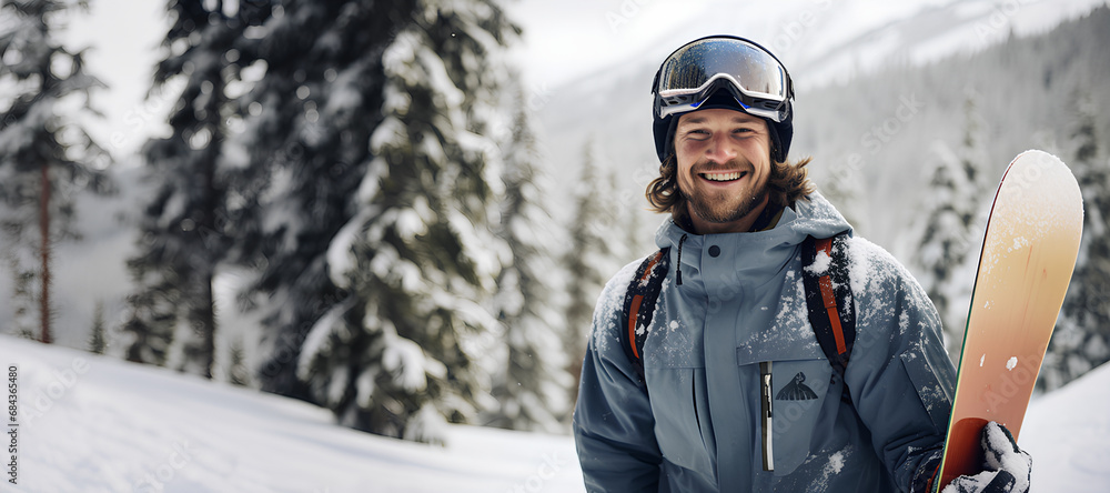 Snowboarder holding a snowboard on mountain path on a beautiful winter wonderland. Ski resort banner with copy space. Snowboarder holding a snowboard on mountain path on a beautiful winter wonderland. Ski resort banner with copy space.