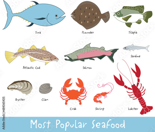 Popular types of seafood, vector art