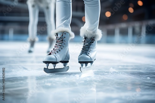 Ice skating on rink. Closeup of ice skates. Ice skating season.