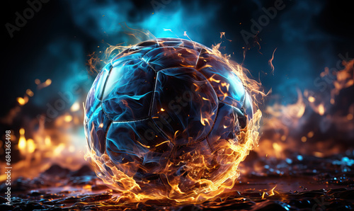 Burning soccer ball on a dark abstract background. photo