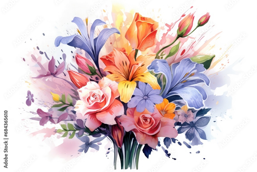 Watercolor beautiful multicolor flower bunch vector illustration in white background