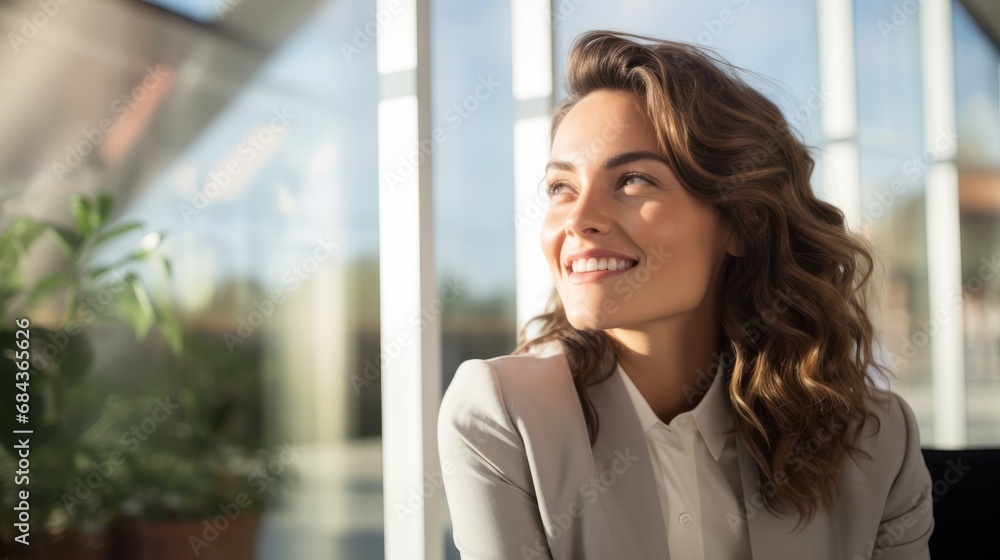 Pensive happy woman remembering looking at side sitting in a bar terrace exterior during the daytime Pensive happy woman remembering looking at side sitting in a bar terrace exterior during the daytime