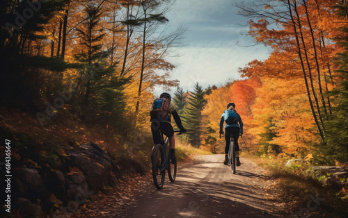 Wellness and sport activity in autumn, Two cyclists riding along an autumn forest road, back view