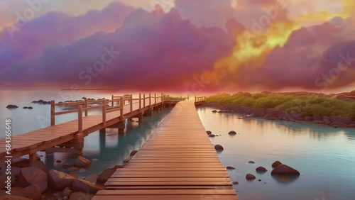 Immerse yourself in a unique and diverse landscape, where the calm sea mirrors the warm hues of the evening sky and a wooden bridge leads to a tranquil haven. 