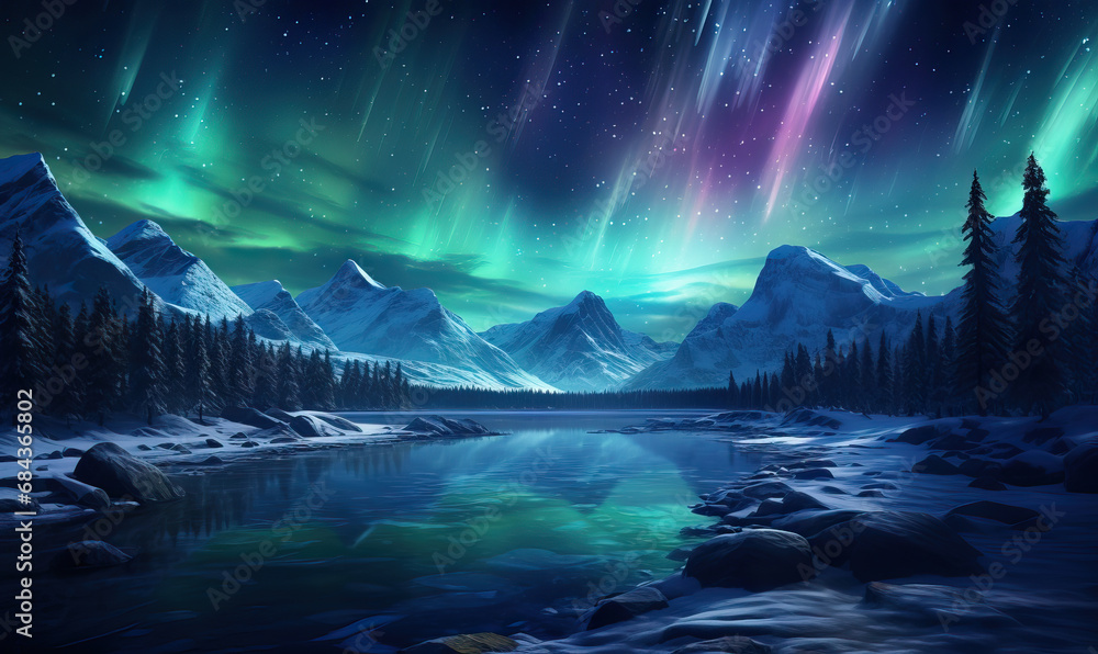 Colorful natural landscape with northern lights.