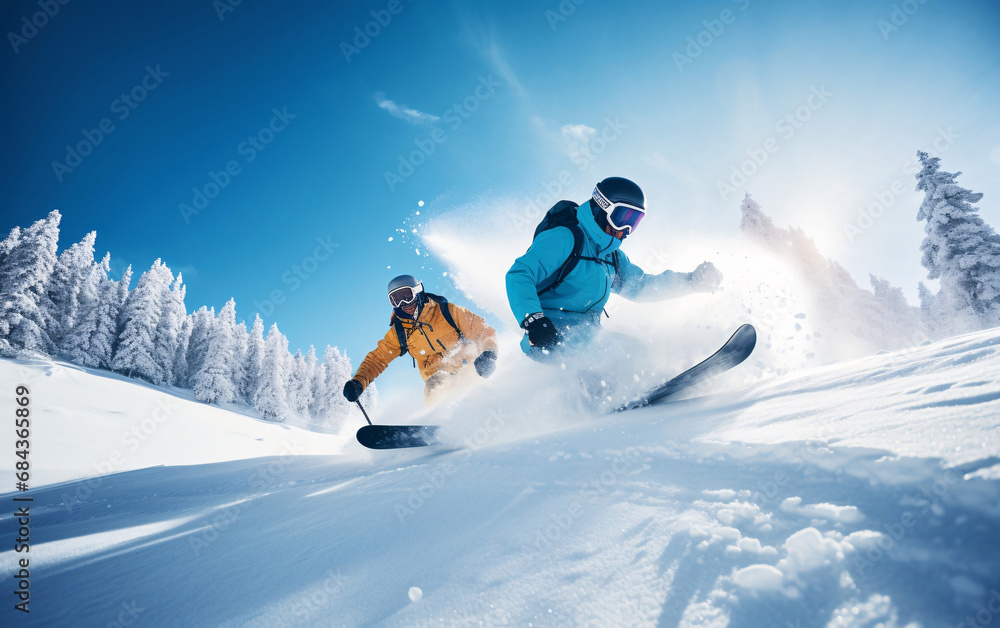Snowboarder jumping in the snow mountains on the slope with his ski and professional equipment on a sunny day Snowboarder jumping in the snow mountains on the slope with his ski and professional equipment on a sunny day