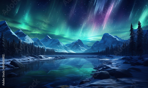 Colorful natural landscape with northern lights.