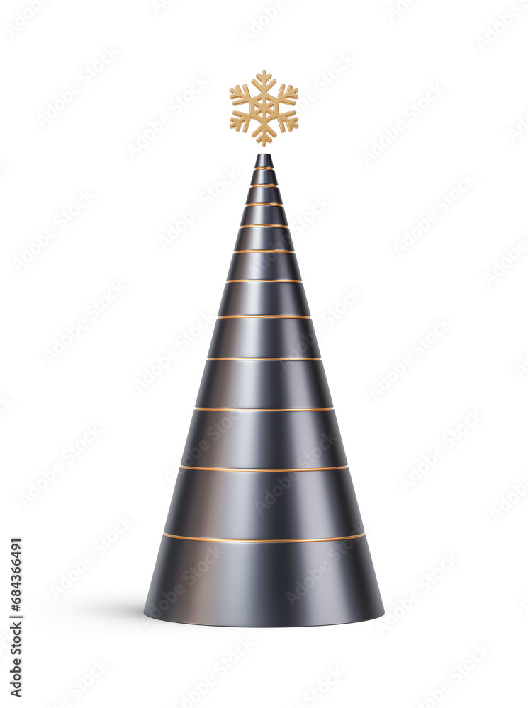 Fototapeta premium Gold and black Christmas tree in elongated abstract cone shape. New Year's decoration isolated on transparent background. 3D render
