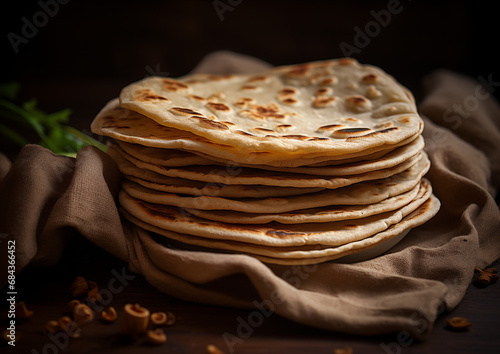 A stack of freshly made Indian chapatis, their simple, unassuming appearance belied by the rich texture and soft warmth captured in a homestyle setting. photo