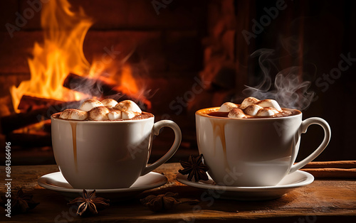 Two cups of hot coffee with cinnamon  against a background of lights  cold season  winter vibe and wellness
