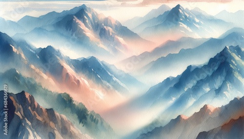 Ethereal watercolor mountains bathed in the soft light of dawn, with a harmonious blend of warm and cool tones creating a dreamy landscape. High quality illustration.