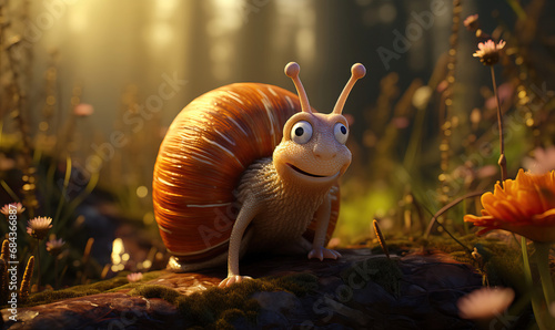 A cartoon snail hurries through the autumn forest.