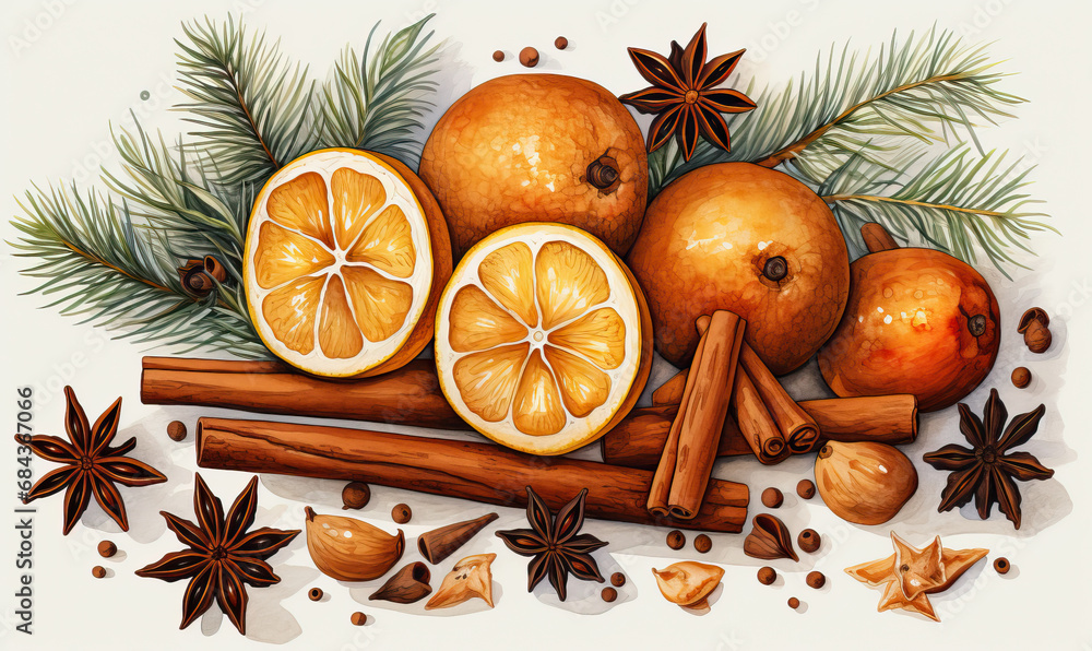 Watercolor illustration of Christmas spices and gingerbread cookies. Watercolor illustration of Christmas spices and gingerbread cookies.