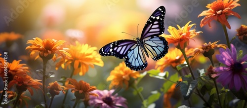 Count the lovely butterflies among the bright flowers, surrounded by a beautiful natural setting.