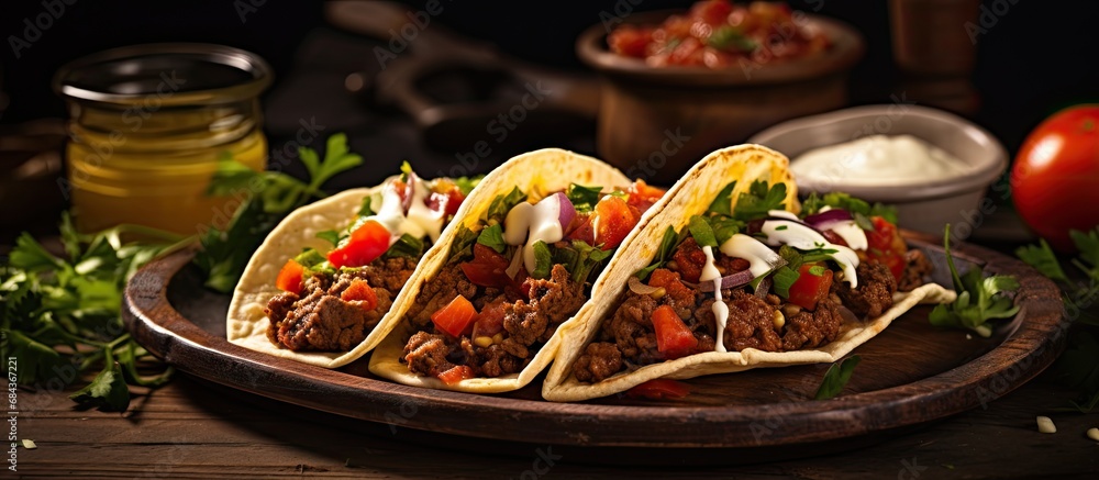 Beef tacos with tomato sauce and salsa from Mexico. Beef tacos with tomato sauce and salsa from Mexico.