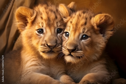 A cute pair of little Lions on a brown background. Portrait of a wild animals.  © Creative Photo Focus