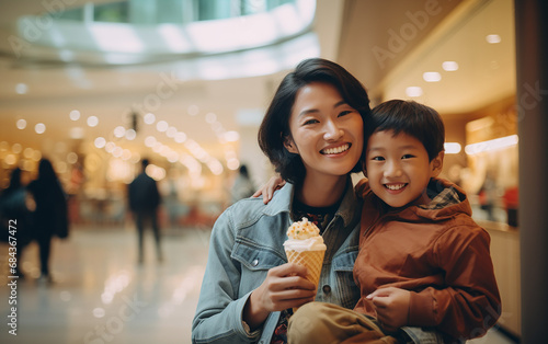 Asian mother with her son are eating ice cream in the mall photo