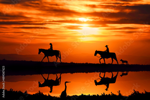 two horse riders in front of a beautiful sunset with a dog trailing behind © annette shaff