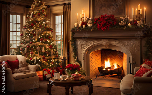 Christmas tree and New Year's gifts in a cozy interior with a sofa and fireplace by the window