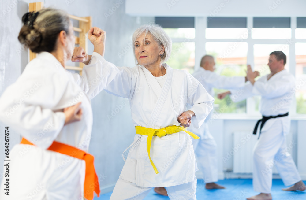 Obraz premium Two elderly women in kimono practice painful blows during karate lessons
