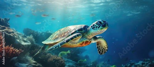 Blue underwater creature: green turtle.