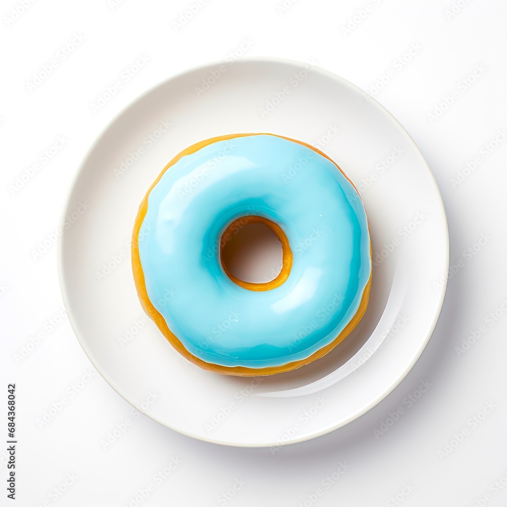 Top view of donut with blue frosting on white background. Top view of donut with blue frosting on white background.