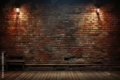 Old room with brick wall and wooden floor illuminated by spotlights