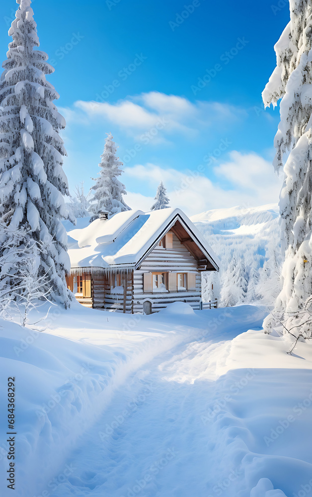 Snowy path to a rustic house in a winter forest, privacy and country vacation concept