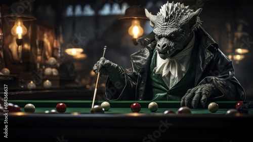  Christmas balls on the billiard table, using the rules of the billiard game, a young green dragon in a tailcoat with a cue breaks the balls.