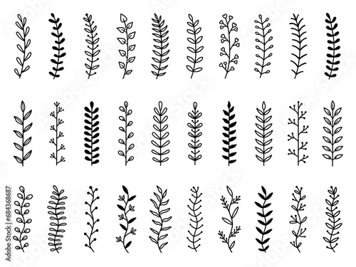 Laurel text dividers doodle set. Wedding decorative elements with leaves. Branches, divider ornament, borders, lines. Hand drawn vector illustration isolated on white background