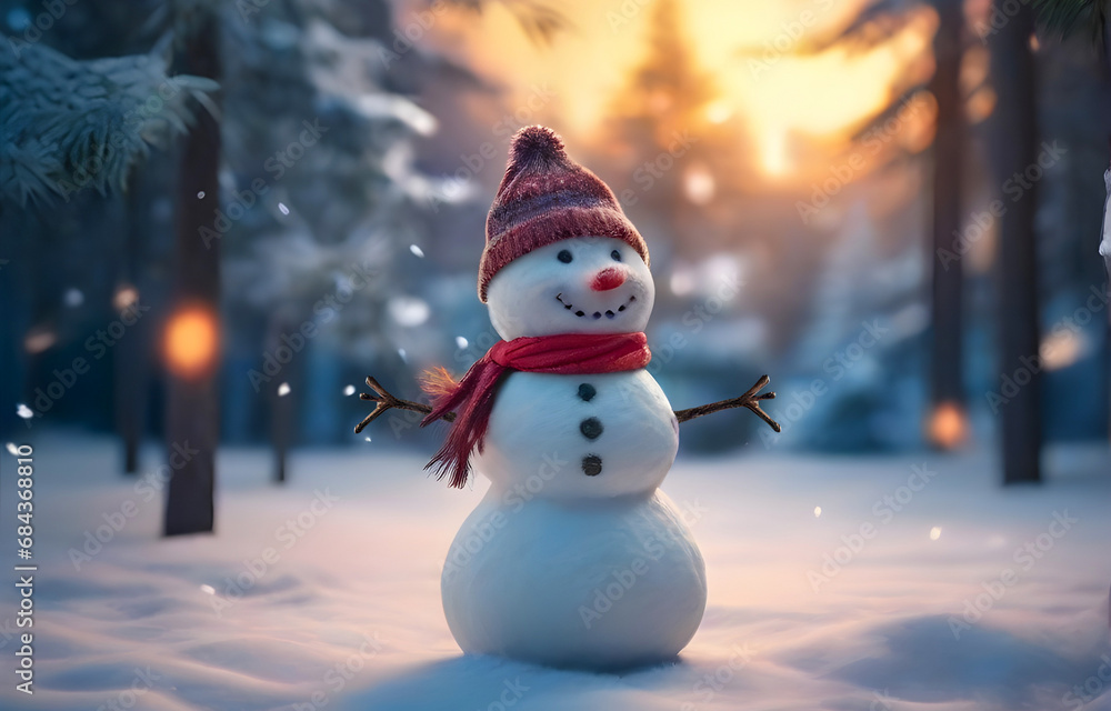 snowman wearing a red hat and scarf on snow and sunny winter snowy forest. Merry Christmas background snowman wearing a red hat and scarf on snow and sunny winter snowy forest. Merry Christmas background