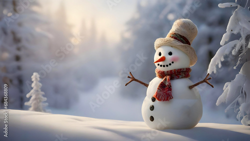 snowman in a hat and scarf on snow and standing in a winter snowy forest. Copy Space Merry Christmas background