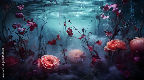 Underwater creative love concept of fresh Spring flowers in blue water background. Love is in the water. Pink roses. photo