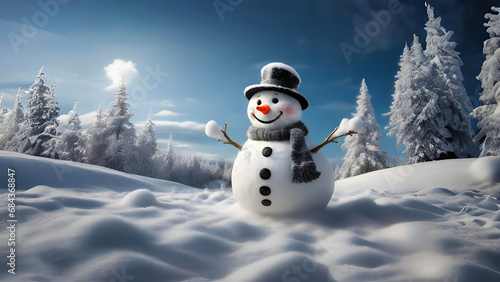 snowman wearing a hat and scarf on snow and winter snow forest. Merry Christmas background © MadeByAnas