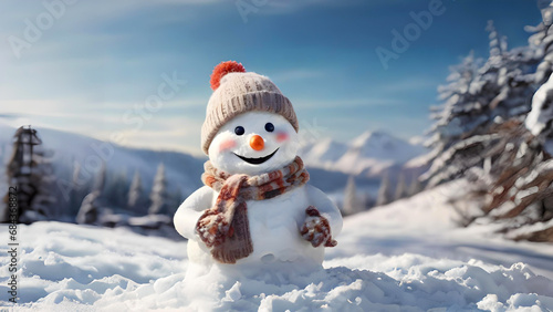 Little cute snowman in a hat and scarf on snow and winter snowy forest. Merry Christmas background © MadeByAnas