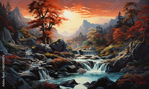 Watercolor, cascading landscape with a waterfall in the forest. photo