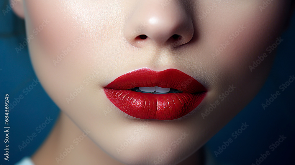 Fototapeta premium Close-up of female lips with red lipstick. Beauty and fashion.