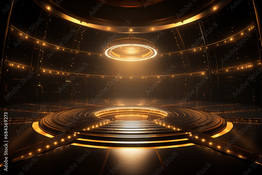 Obraz premium Luxury and futuristic golden empty stage with lights background