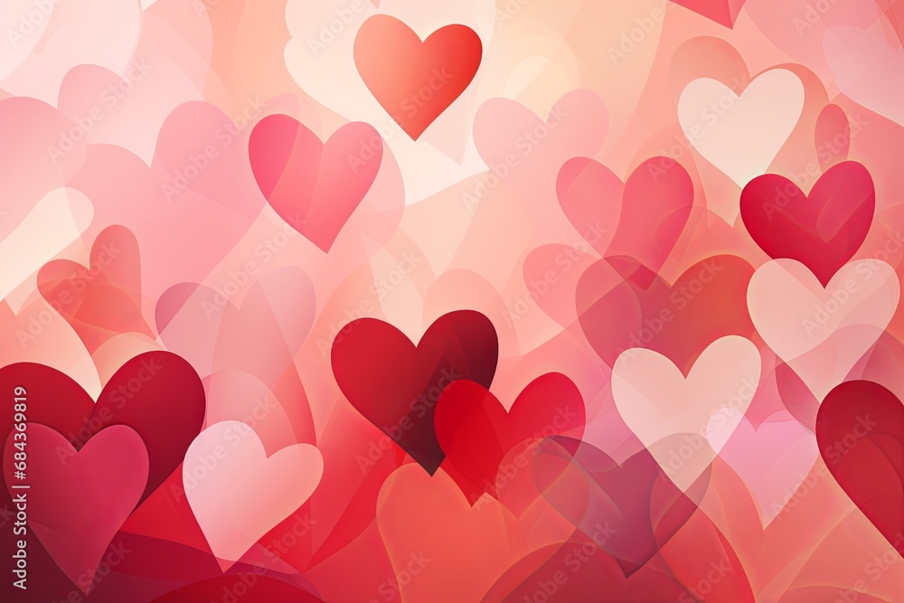 A minimalist modern and stylish Valentine's Day theme. Design featuring an abstract pattern of hearts in shades of red and pink. The hearts are overlapping and vary in opacity.