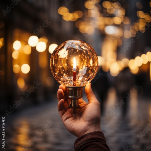 Hand holding a glowing Christmas warm light bulb on the street at the dusk.